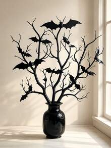 3pcs Artificial Black Branches With 12 Bat Decorations, Halloween Tabletop Vase Decoration, Suitable For Family Parties. - Black - View 7
