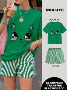 Conjunto de dos piezas, playera y short, playera estampada con diseño de gatito tierno, short corto de rayas,  para vacaciones en la playa, ropa de vacaciones, para temporada de calor - 2 playera verde con short rayas verde con blanco - Ver 1