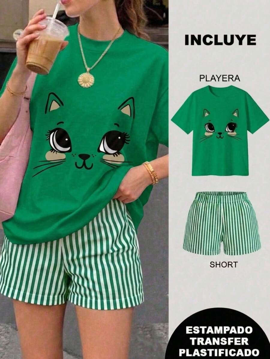 Conjunto de dos piezas, playera y short, playera estampada con diseño de gatito tierno, short corto de rayas, para vacaciones en la playa, ropa de vacaciones, para temporada de calor - 2 playera verde con short rayas verde con blanco - Ver 1