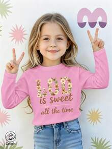 Girls Cotton Raglan Long Sleeve Tee, Autumn Winter Top With Floral Print & Sweet Saying, Cute Girly Preppy Style - Light Wine Red - View 2