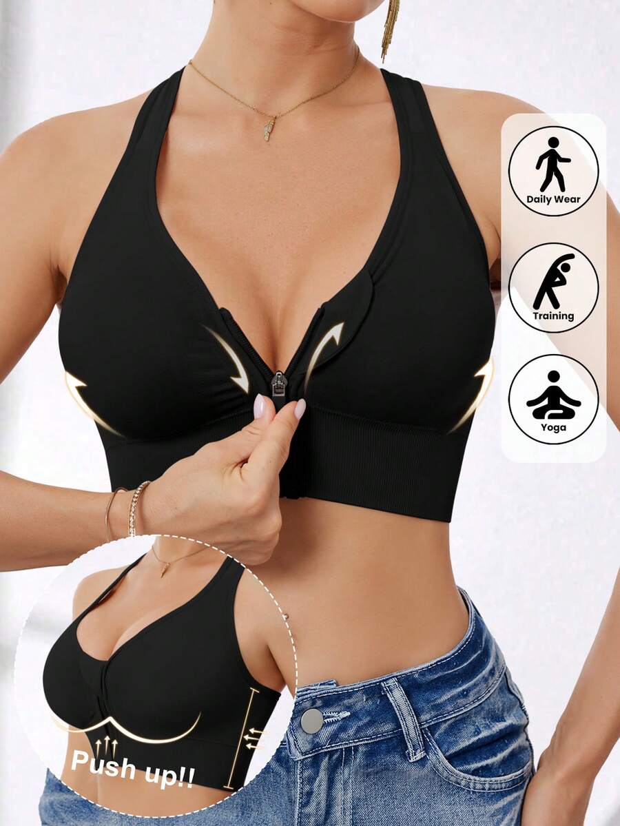 Women's High Intensity Front Zip Seamless Wireless Sports Bra, Suitable For Spring, Summer, Autumn And Winter - Black - View 1