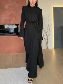 Women's Casual Elegant Round Neck Long Sleeve Button-Front Top + Loose Wide Leg Pants + Long Apron 3-Piece Set, Solid Color Front Button Tie Closure, Commute Daily Date - Black - View 5