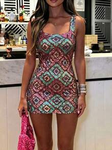 Gaun Mini Pas Badan Berhiaskan Payet Berkilau Motif Geometris, Gaun Pesta Tanpa Lengan Leher Persegi Aneka Warna, Cocok untuk Tamu Pernikahan dan Acara Pesta Koktail - MultiWarna - View 2