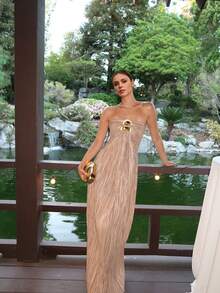 Women's Solid Color Strapless Maxi Dress With Metal Decoration And Pleats, Suitable For Birthday Party, Formal Dinner, Wedding - Apricot - View 1