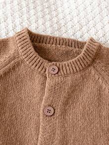 Baby Boy & Girl Minimalist Round Neck Long Sleeve Knit Cardigan Sweater, Solid Color Single-Breasted Casual Versatile Jacket For Daily Wear, School, Spring, Autumn, Winter - Brown - View 3