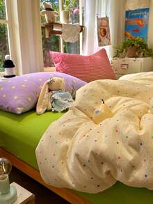 Macaron Colorful Polka Dot Bedding Set, Soft Crinkled Texture, Mix And Match Bedroom, Includes 1 Duvet Cover, 1 Bed Sheet, 2 Pillowcases, Duvet Insert And Pillow Insert Not Included - Green - View 3