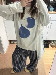 Women's Fashion Autumn/Winter Loose Round Neck Casual Versatile Fruit Print Long Sleeve T-Shirt - Light Gray - View 5
