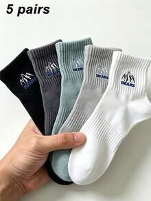 1/5 Pairs Men's Snow Mountain Letter Solid Color Short Socks, Sweat-Absorbent Breathable Casual Sports Socks, Suitable For Daily Wear, Sports, Back To School Season, All Seasons - Multicolor - View 9
