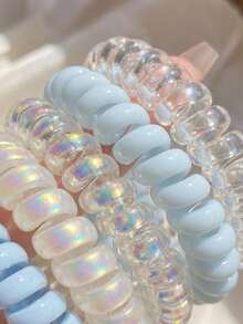 6入漸層色螺旋髮圈 高彈力橡皮筋髮飾 女孩適用 - 淺藍色 - 查看 3