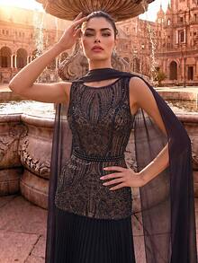 Women's Elegant Romantic Charming Round Neck Formal Evening Gown, Mesh & Sequin Patchwork, Suitable For Ball, Wedding Guest, Cocktail Party, Grand Banquet - Black - View 2