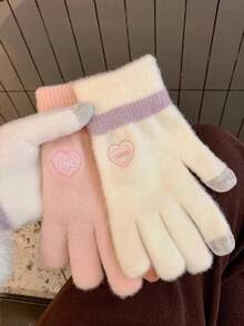 Girl Style Heart Embroidery Touchscreen Knit Gloves, Unisex Autumn/Winter Colorblock Soft Thick Warm Fingerless Gloves For Daily Outdoor Cycling Commuting Cold Protection Wrist Guard - Multicolor - View 5