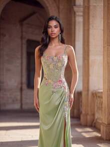 Anymoon Women's Floral Embroidered Pleated Elegant Spaghetti Strap Evening Gown - Green - View 5
