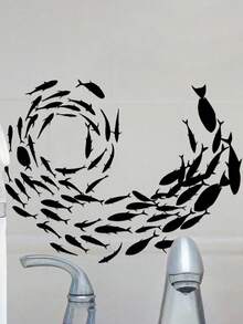 A Minimalist Black Fish School Silhouette Sticker, Featuring Abstract Aquatic Design, Perfect For Enhancing The Fashionable Artistic Atmosphere Of Modern Home Interior And Natural Themed Decor Areas - D - View 7