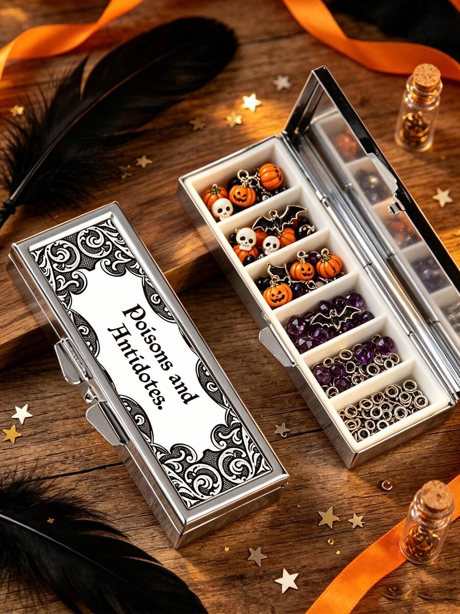 "Poisons And Antidotes" Printed Storage Box, Vintage European Style Pill Box, Portable Pill Dispenser, Precise 1-2 Pill Dispenser, Convenient Medication Storage Box, Easy-To-Use Design, Plastic Material, Portable Travel Pill Box, Dispensing Box, Large Capacity Medication Box, Back To School Gift, Mother's Day Gift, Halloween Gift - Multicolor - View 1