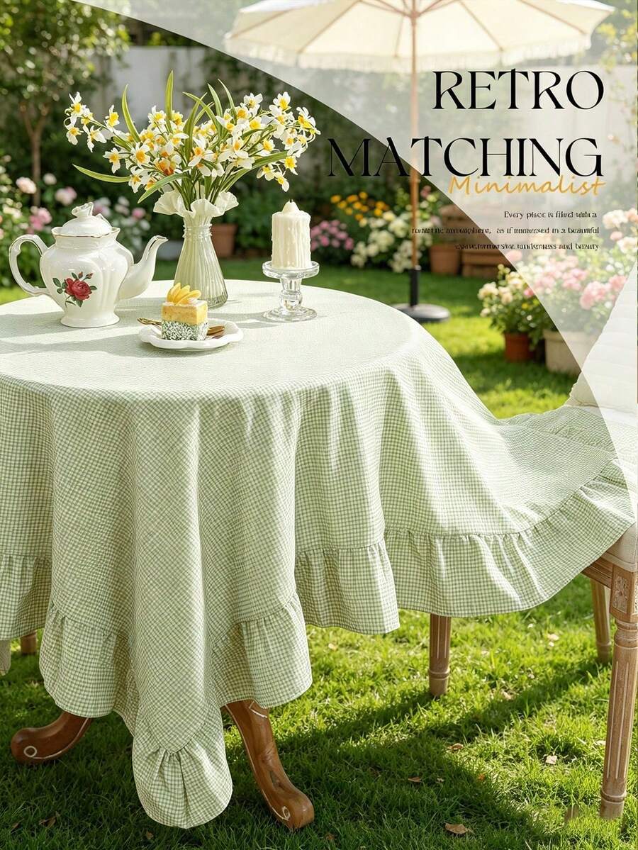 1pc Tablecloth With Ruffle Hem Decor, Polyester Fabric, Light Green Plaid Pattern, Rectangular Or Square, Suitable For Dining Room And Living Room Table Decor