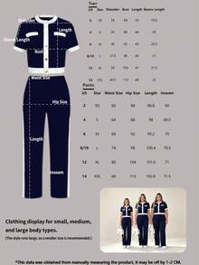 Women's New Casual Outfit Set, Contrast Color Button Fake Pocket Design Round Neck Short Sleeve Top, Spring/Summer Elegant - Royal Blue - View 5