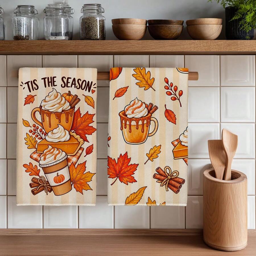 2PCS Kitchen Towel, Autumn Maple Leaf Series Pattern Print, Watercolor Style 40*60cm Rectangular Microfiber Kitchen Towel, Dish Cloth, Tablecloth, Hand Towel, Kitchen Decor, Home Decor, Neighbor Housewarming Gift, Kitchen Napkin And Dish Cloth, Home Decor, Gift - Coral Orange - View 1