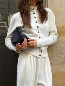 Autumn White Button-Up Small Stand Collar Cardigan Knit Top - White - View 8