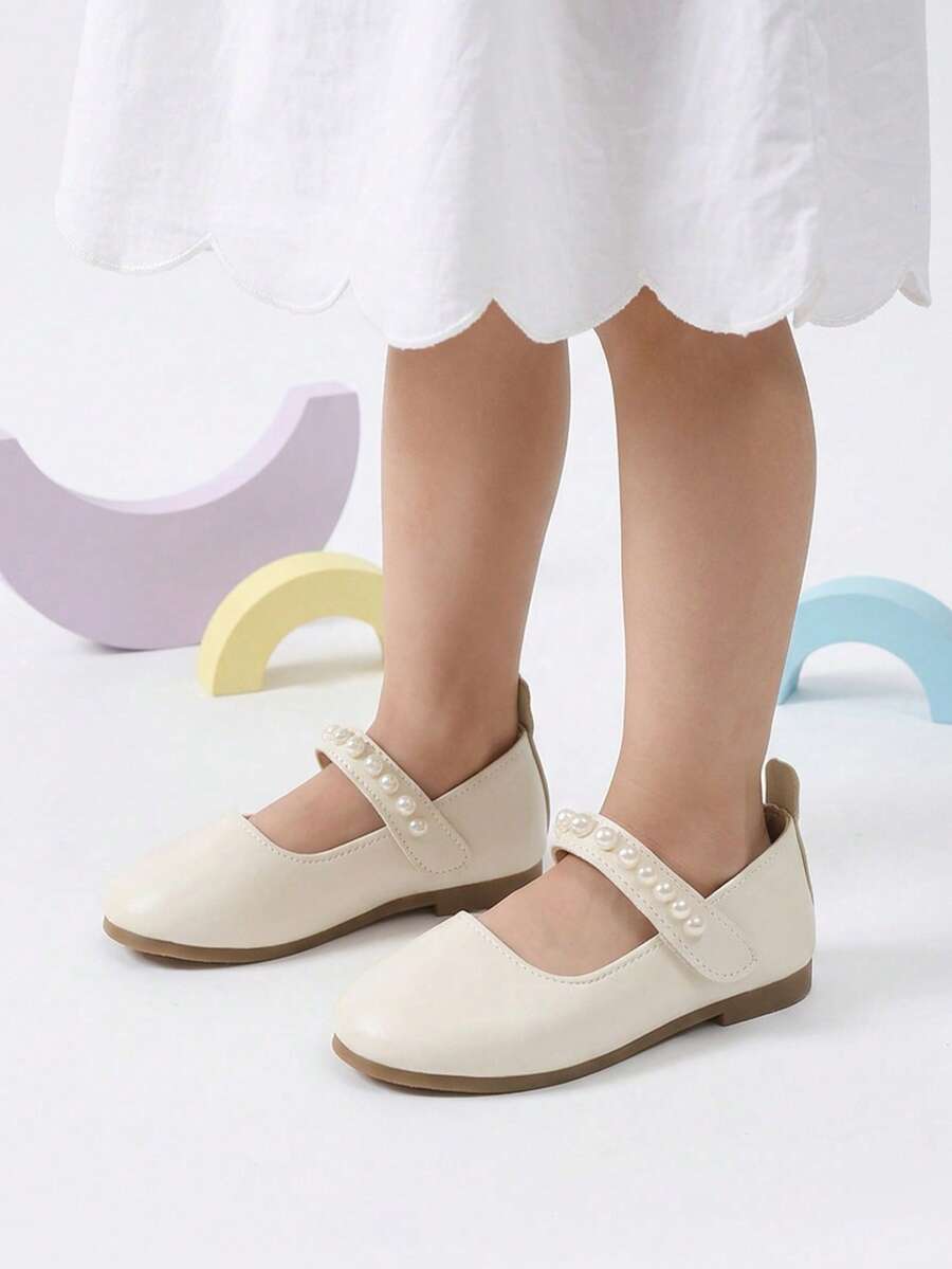 1 Pair Girls' Beige Pearl Hook & Loop Mary Jane Shoes, Suitable For Spring/Autumn Daily Wear, Vacation, Picnic - Beige - View 1