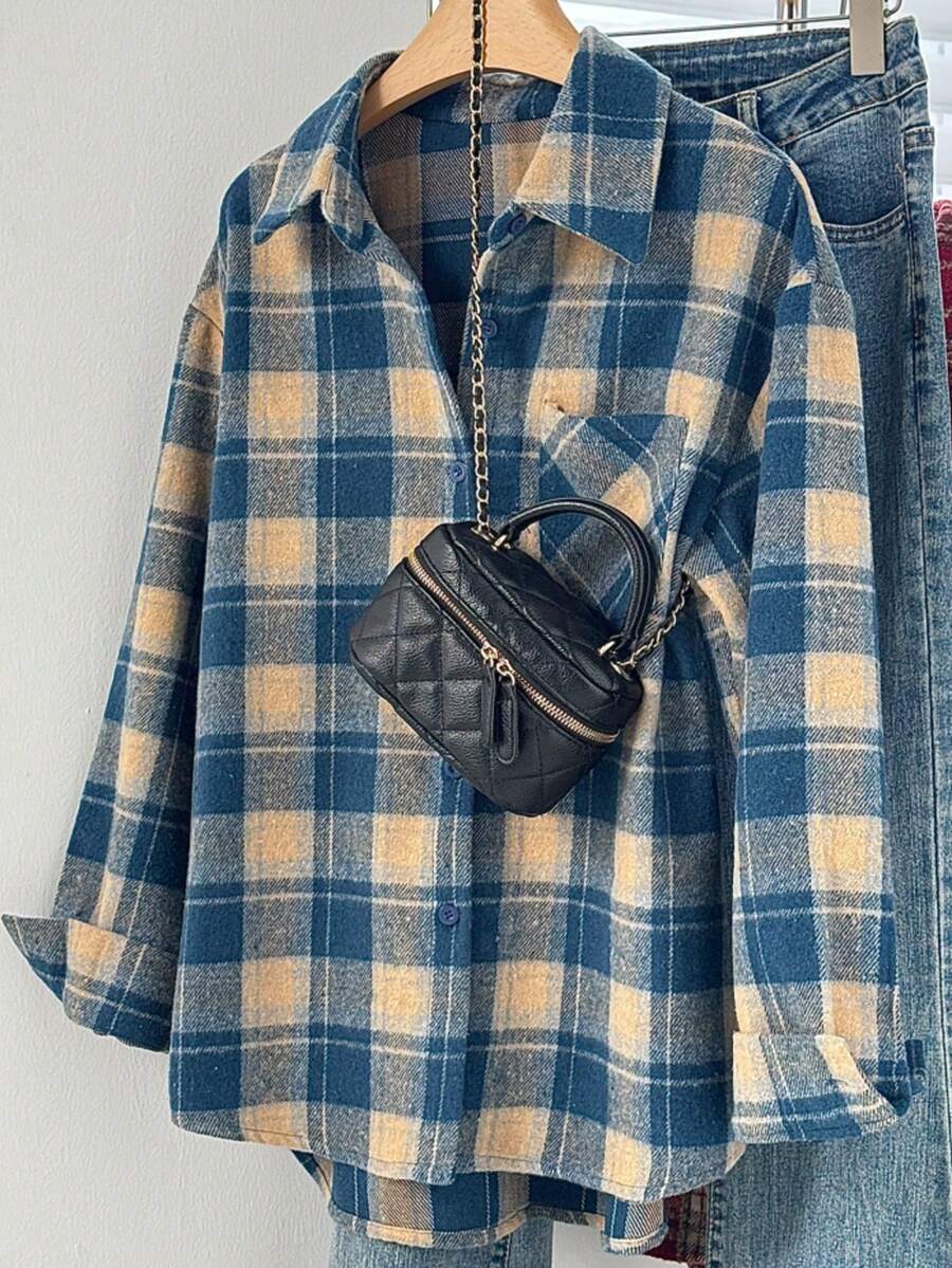 Women's Autumn/Winter Brushed Plaid Front Button Pocket Shirt, Casual Home Wear - Blue - View 1