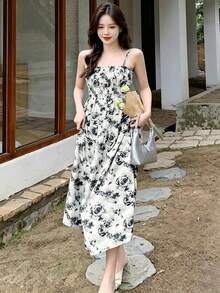 YCYC Casual Floral Print Cinched Waist Spaghetti Strap Dress - White - View 1