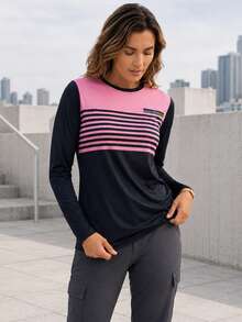 Women's Sporty Colorblock Striped Long Sleeve T-Shirt, Crew Neck Casual Pullover Top For Daily And Weekend Outfits. - Pink - View 4