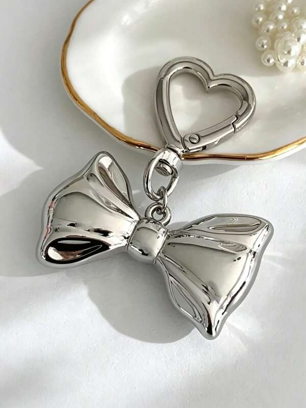 1pc Korean Ins Style Silver Bowknot Keychain Heart Pendant Niche Design Bag Accessory