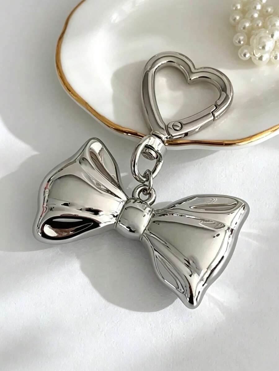 1pc Korean Ins Style Silver Bowknot Keychain Heart Pendant Niche Design Bag Accessory - Multicolor - View 1