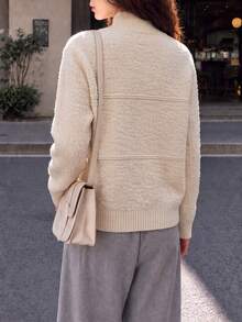Cardigan Rajut Wanita Gaya Minimalis Musim Gugur/Dingin dengan Kerah Tegak/Lipat - Krem - View 2
