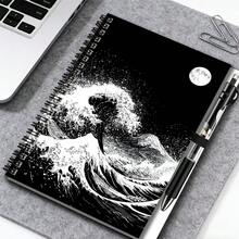1 Set Japanese Ukiyo-E Style 2D Spiral Coil Notebook And Pen Set, Black And White Wave And Moon Artistic Collision. Great Helper For Work And Study, Suitable For Diary, Daily Planning And Memo. Premium Gift Choice For Graduation, Birthday And Other Occasions, Inspiring Writing And Beautiful Daily Life, Accompanying You To Start Every Moment Of Recording. - 1 Book + 1 Pen - View 2