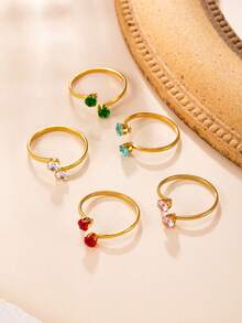 1/5pcs Double Colorful Rhinestone Open Ring For Women, Minimalist High-End Stainless Steel Non-Fading Zirconia Thin Ring, Stackable Decorative Finger Ring, Holiday Gift, Daily Commute Jewelry - Gold - View 4
