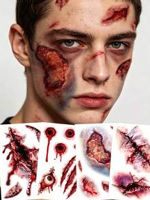 4 buah Stiker Tato Sementara Bekas Luka Halloween Y2K Merah untuk Anak Laki-laki dan Perempuan, Tahan Air dan Keringat, Mudah Diaplikasikan - Merah - View 3