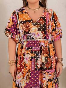 Rusttydustty Plus Size V-Neck Allover Print Short Sleeve Summer Dress - Red - View 6