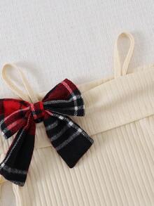 Christmas Girls' Autumn/Winter Spaghetti Strap Off-Shoulder Bow Top And Plaid Skirt Set - Multicolor - View 4