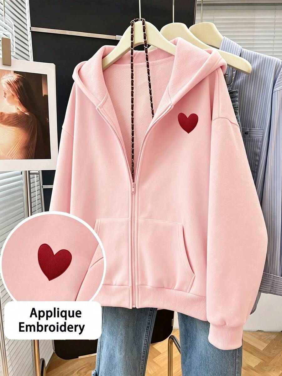 1pc Girls' Zip-Up Hoodie Jacket With Applique Embroidery Print, Suitable For Tween Girl, Autumn/Winter, Campus Style, Homecoming Outfit - Pink - View 1