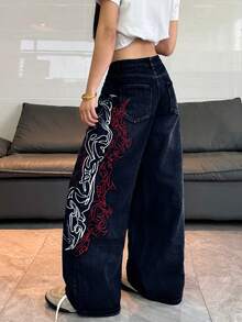1pc Women's Loose Fit Embroidered Wide Leg Jeans, Comfortable Casual High Street Versatile Denim Pants (Belt/Accessories Not Included) Spring Fall - Dark Wash - View 5