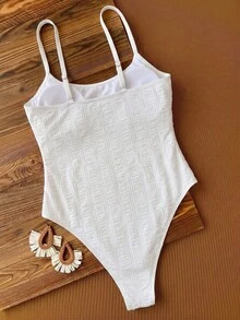 Women's Elegant White Jacquard One-Piece Swimsuit Ideal For Summer Beach Vacations, Seaside Activities And Fashionable Holiday Beach Matching Looks - White - View 5