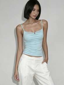 Top Dazzle Chic Women's Turquoise Knitted Short Sleeve V-Neck Top, Regular Hem And Ruffle Neck Details, Medium Stretch For A Stunning Fit - Blue - View 9