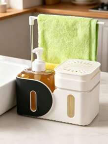1pc Black‑White Contrast Kitchen Sink Caddy, Modern Plastic Rounded Rectangular With Soap Dispenser & Towel Rack, Multi‑Compartment Storage Soap Dispenser Box Kitchen Organizer, For Kitchen Countertop Sink Area Daily Use All‑Season Household Supply - Multicolor - View 6