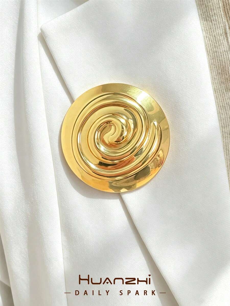 1pc Vintage 18K Gold Stainless Steel Spiral Brooch Pin, Geometric Round Large Brooch, Coat & Suit Accessory - Gold - View 1
