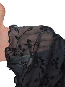 Sexy Flocked Floral Sheer Frill Trim Fitted Mesh Long Sleeve Top & Camisole 2 Pieces Set, Autumn/Winter New, Versatile For Date And Commute - Black - View 8