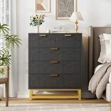Cómoda Cajonera Moderna con 5 Cajones y Tiradores de Metal Dorado, Mueble de Dormitorio con Textura Geométrica en Relieve y Base de Metal, Ideal para Sala, Recámara o Espacios Pequeños Mueble de Almacenamiento Moderno para Decoración de Interiores - Negro - Ver 6