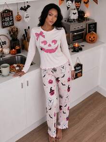 Sweet Style Halloween Theme Long Sleeve Pajama Set For Women, Round Neck Bow Pumpkin Smile Print Short Top, Wavy Ruffle Cuffs And Hem, Long Pants With All-Over Ghost Bat Spider Web Pattern, Skin-Friendly Elastic Fabric, Home And Holiday Wear 2-Piece Set - Pink - View 4