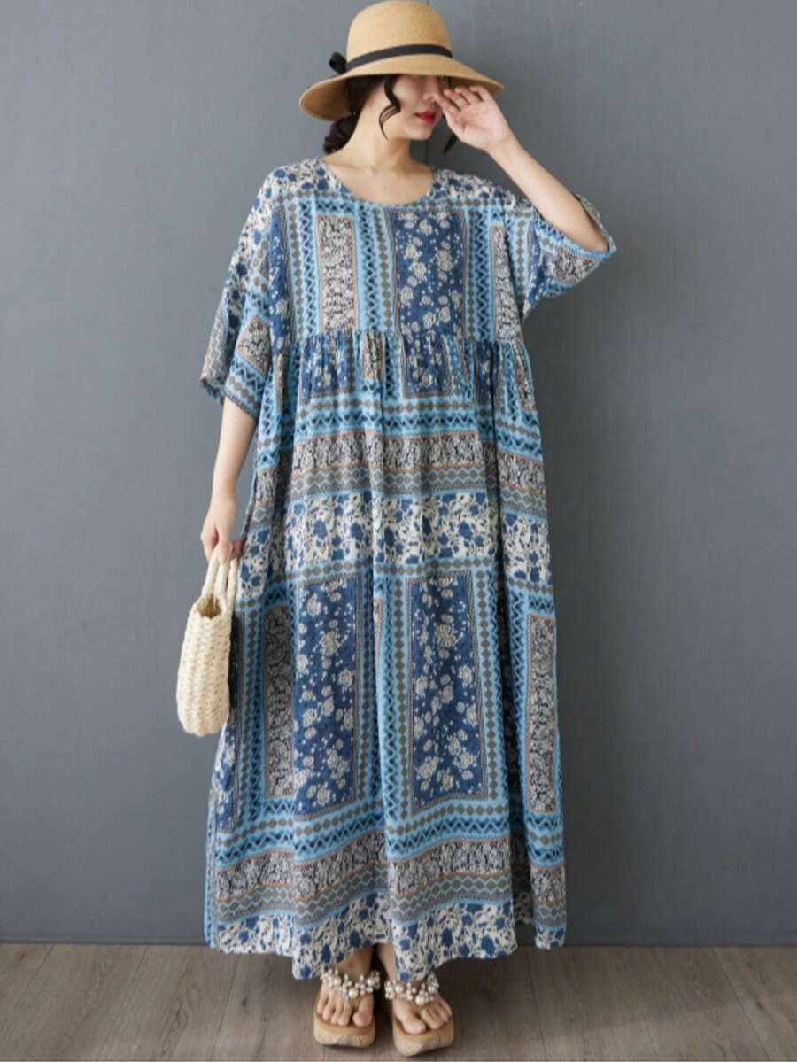 AZAH Halloween Elegant Ball Plus Size Bohemian Style Long Dress, Half Batwing Sleeve, V-Neck, A-Line Mother's Day Casual Holiday Dress Vacation - Blue - View 1