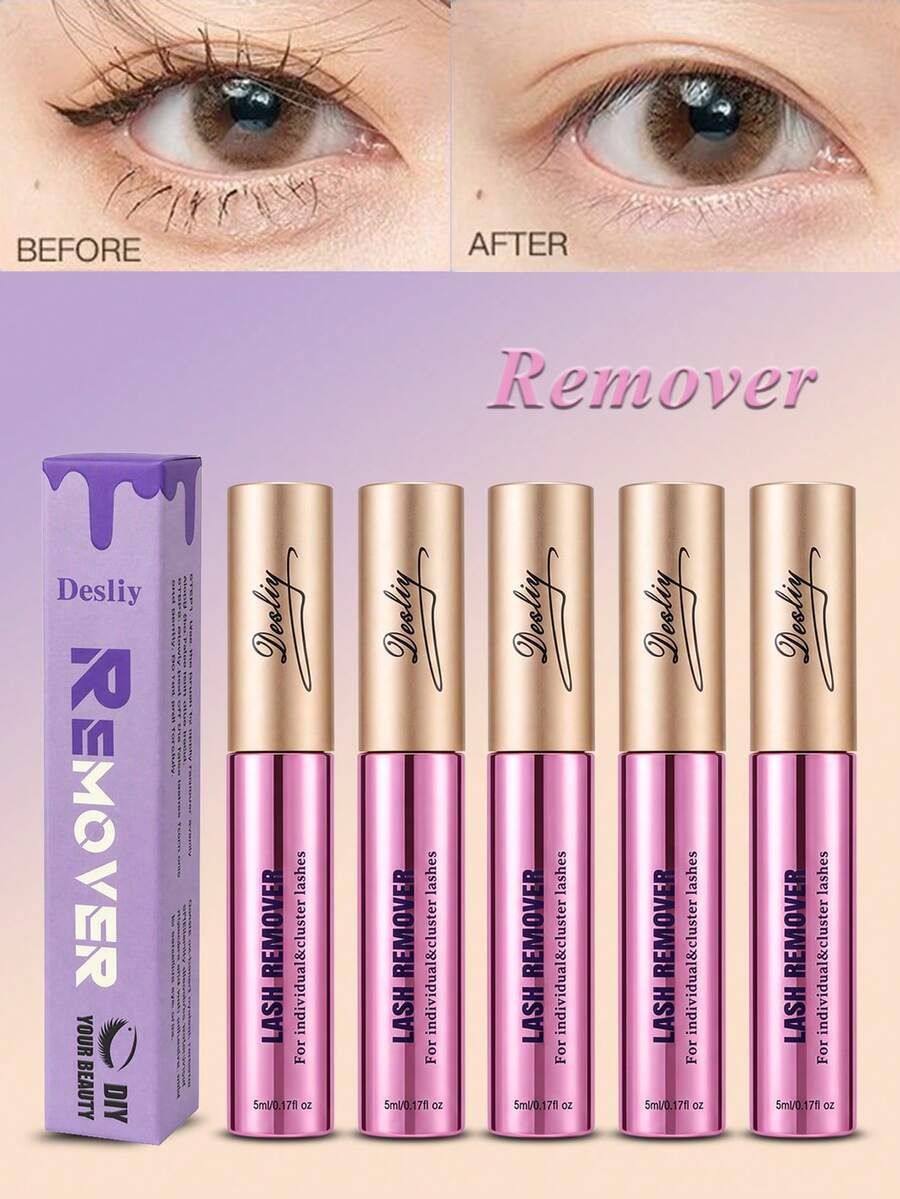 Desliy Eyelash Glue Remover 5/4/3/2/1pcs, Cairan Penghapus Lem Bulu Mata Berbasis Minyak yang Lembut dan Cepat Larut, Cocok untuk Pemula Ekstensi Bulu Mata DIY, Cocok untuk Semua Jenis Kulit, Kemasan Kotak Kertas Hadiah, Cocok untuk Diberikan kepada Teman - Lilac Purple - View 1