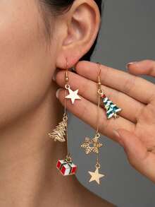 1 Pair Christmas Tree Snowflake Star Pendant Earrings, Women's Gold Plated Enamel Dangle Earrings, Holiday Party Gift - Multicolor - View 4