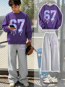 2pcs/Set Boys Crew Neck Sweatshirt Set, With 67 Design, Paired With Simple Casual Wide Leg Pants, Suitable For Autumn/Winter Holiday/Travel Fashion Outfit - Purple - View 1