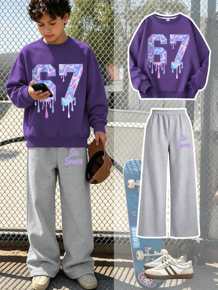2pcs/Set Boys Crew Neck Sweatshirt Set, With 67 Design, Paired With Simple Casual Wide Leg Pants, Suitable For Autumn/Winter Holiday/Travel Fashion Outfit - Purple - View 1