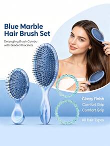 4 PCS Marble Pattern Dual-Use (Dry/Wet) Fluffy Non-Tangling Smooth Hair Comb For Ladies, Massage Comb With Air Cushion, Hairbrush Set, 2 Bracelets - Multicolor - View 2