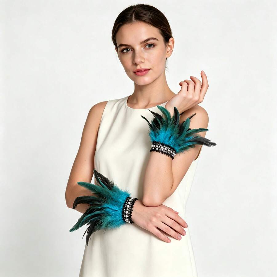2pcs Peacock Blue Feather Wrist Cuffs With Faux Pearl Decor, Suitable For Halloween Party Cosplay Women's Costume Accessory